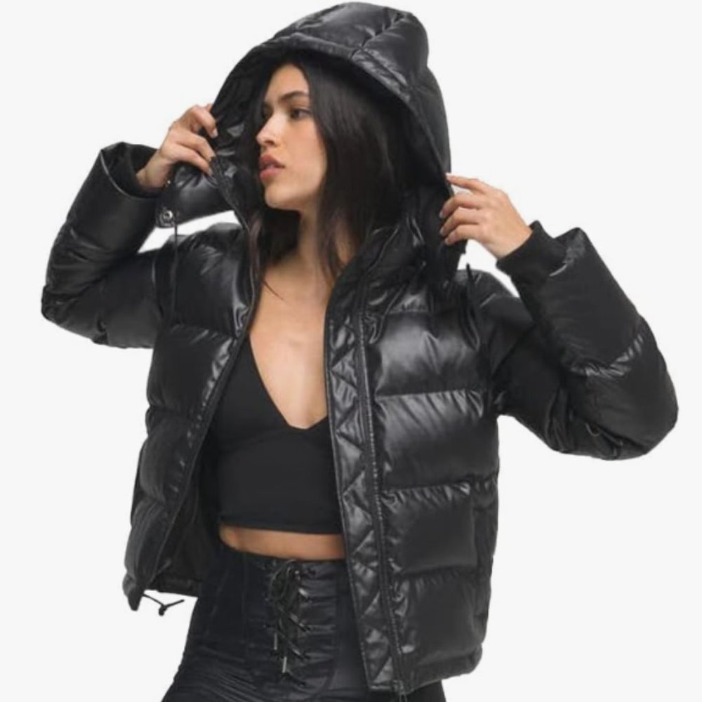 Good American Faux Leather Puffer Jacket with Hood Size M (Originally $275)